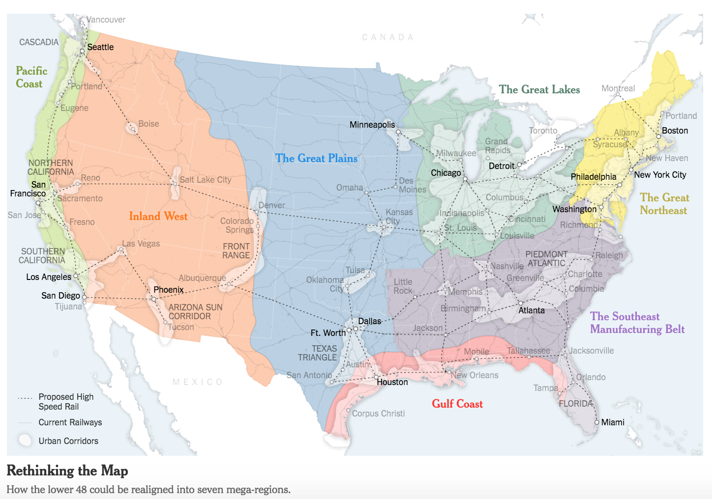  Sources: oel Kotki (boundaries and names of 7 mega-regions); Forbes Magazin; Regional Plan Association; Census Bureau; nited State High Speed Rail Association; Clare Trainor/University of Wisconsin-Madison Cartography Laboratory. 